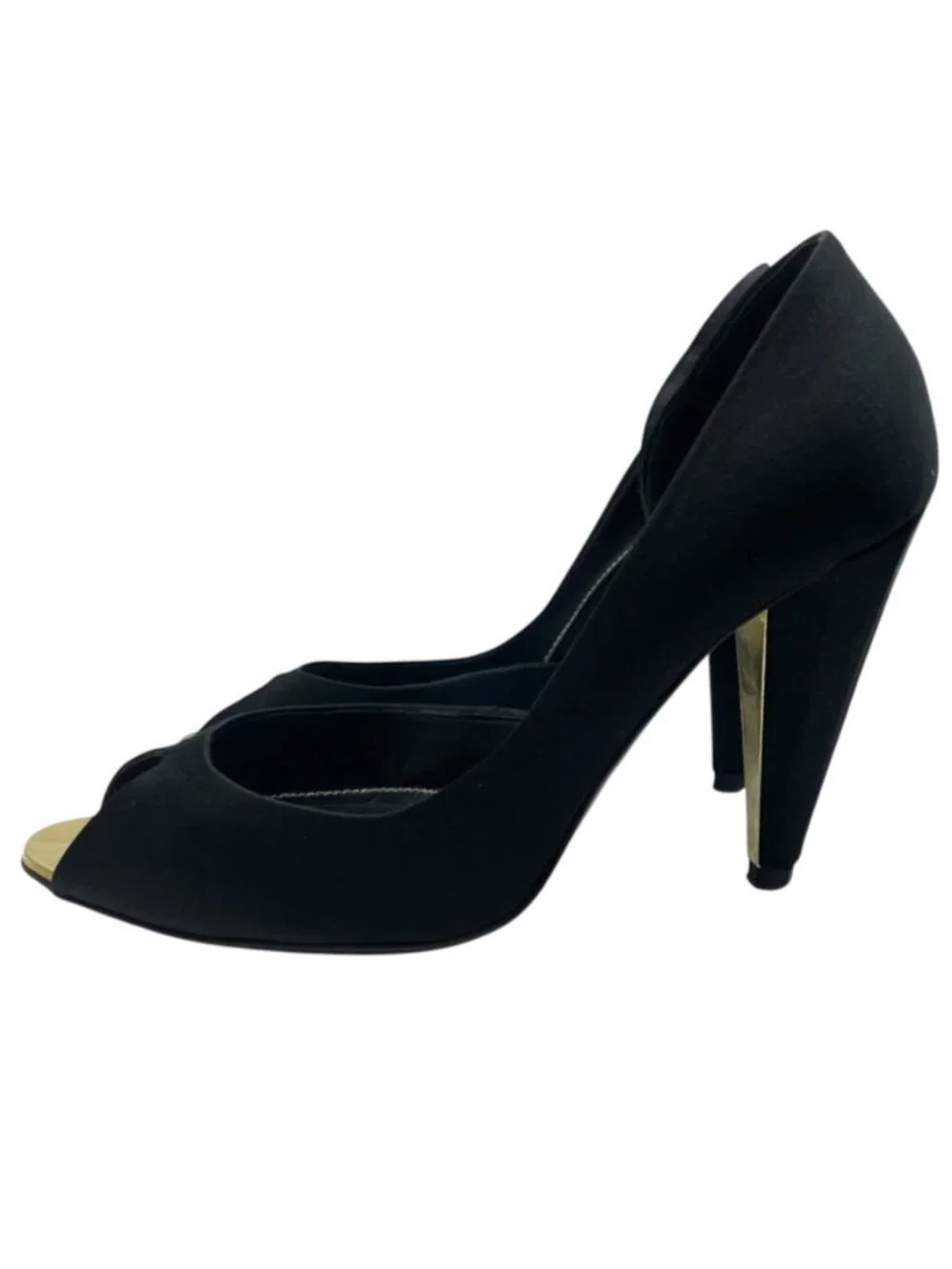 Chanel Pumps High Heels Open Toe Satin Leather Black Gold Shoes Casual